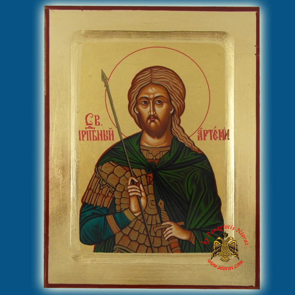 Saint Artemios Byzantine Wooden Icon on Canvas
